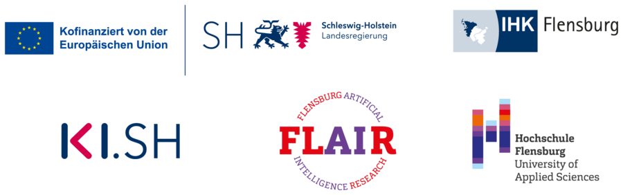 Logos: Kofinanziert von der Europäischen Union, Schleswig-Holstein Landesregierung, IHK Flensburg, KI.SH, Flensburg Artificial Intelligence Research, Hochschule Flensburg